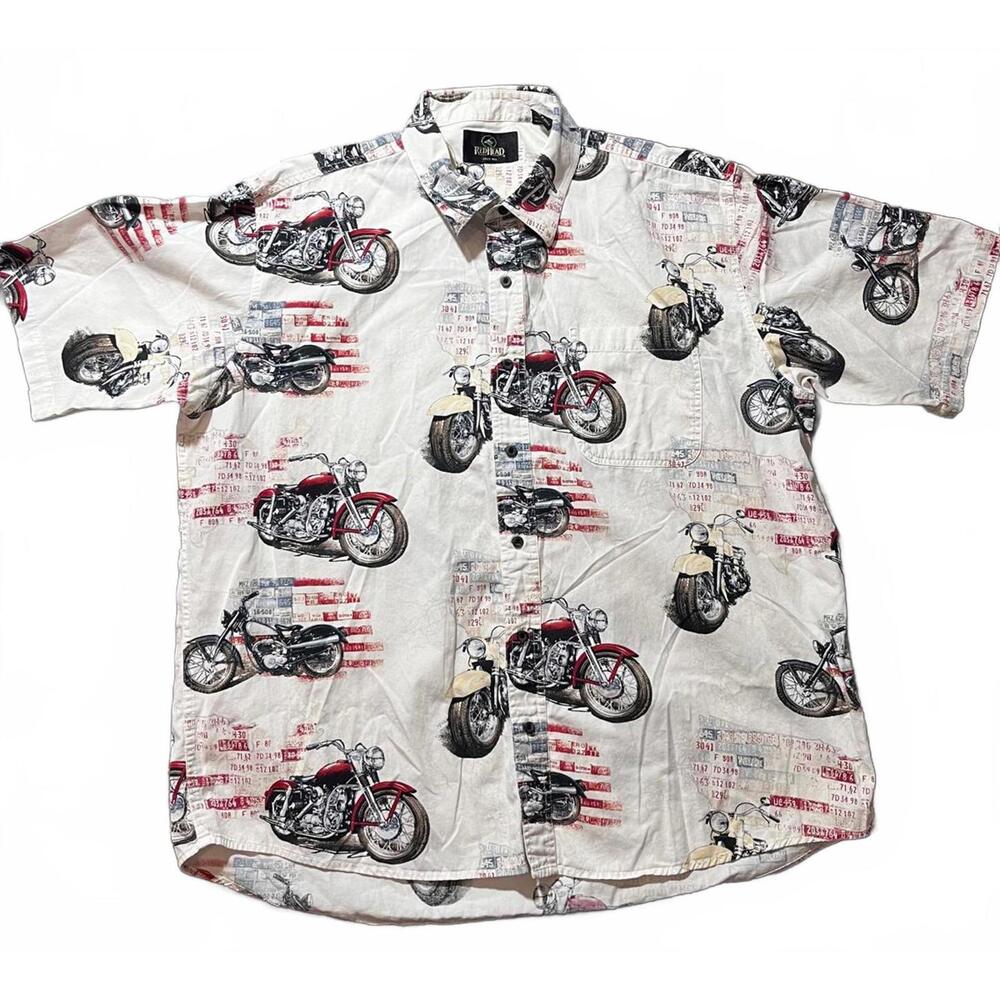 RedHead‎ XXL Motorcycle Print Short Sleeve Button Up Shirt Biker Graphic